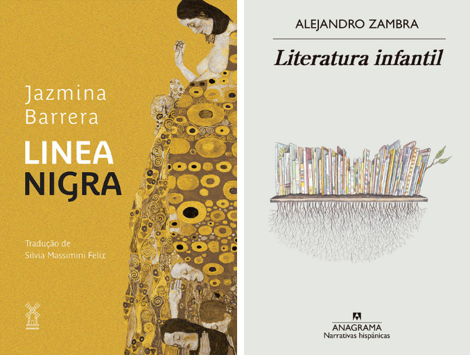 capa do livro Linea Nigra, com um fundo amarelo, com uma pintura abstrata de mulher com uma barriga de grávida; e capa do livro Literatura infantil do escritor Alejandro Zambra, com um prateleira de livros infantis, sendo que a prateleira parece um jardim com raízes expostas