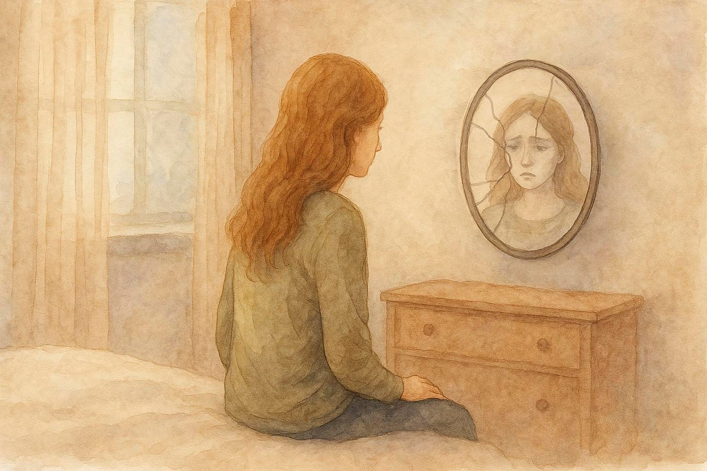 Watercolor painting of a woman sitting on a bed, looking at her reflection in a cracked mirror, symbolizing the emotional damage caused by toxic relationships and the struggle to rebuild self-worth.