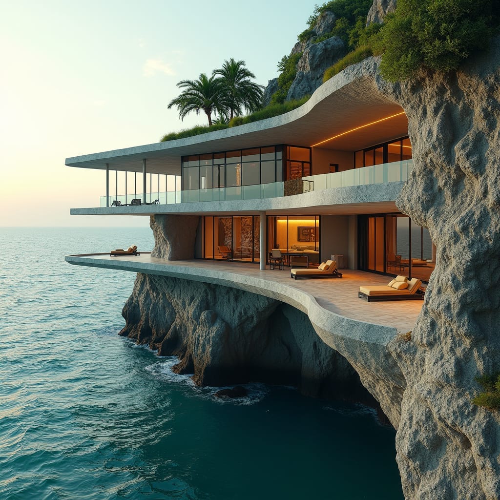 A majestic, modern coastal school in Jamaica's northern coast, carved into the rugged cliffs, with floor-to-ceiling glass walls that seem to defy gravity, cantilevered over the turquoise ocean, offering heart-stopping views. The building's façade juxtaposes rough-hewn natural stone with sleek, silver steel and glass, creating a captivating interplay of organic and synthetic textures. Suspended, steel-beamed walkways weave between the multi-tiered levels, while a rooftop oasis beckons with an expansive, ocean-facing vista. Soft, golden light spills across the architecture, accentuating the synergy of natural and man-made elements, as if the structure has grown organically from the cliffside.