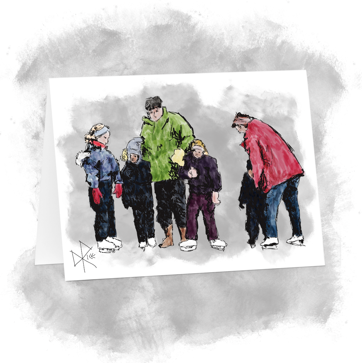 Two adults helping a group of kids figure out how to remain upright on skate blades. Sketch art by Don Rice.