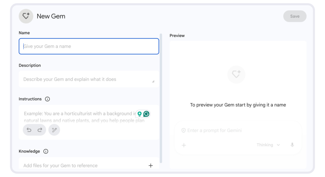 Screenshot of Google Gemini's "New Gem" creation interface showing input fields for Name, Description, Instructions (with an example about a horticulturist), and Knowledge (with an option to add reference files). The right side shows a Preview panel with placeholder text "To preview your Gem start by giving it a name" and a Gemini prompt input field below.