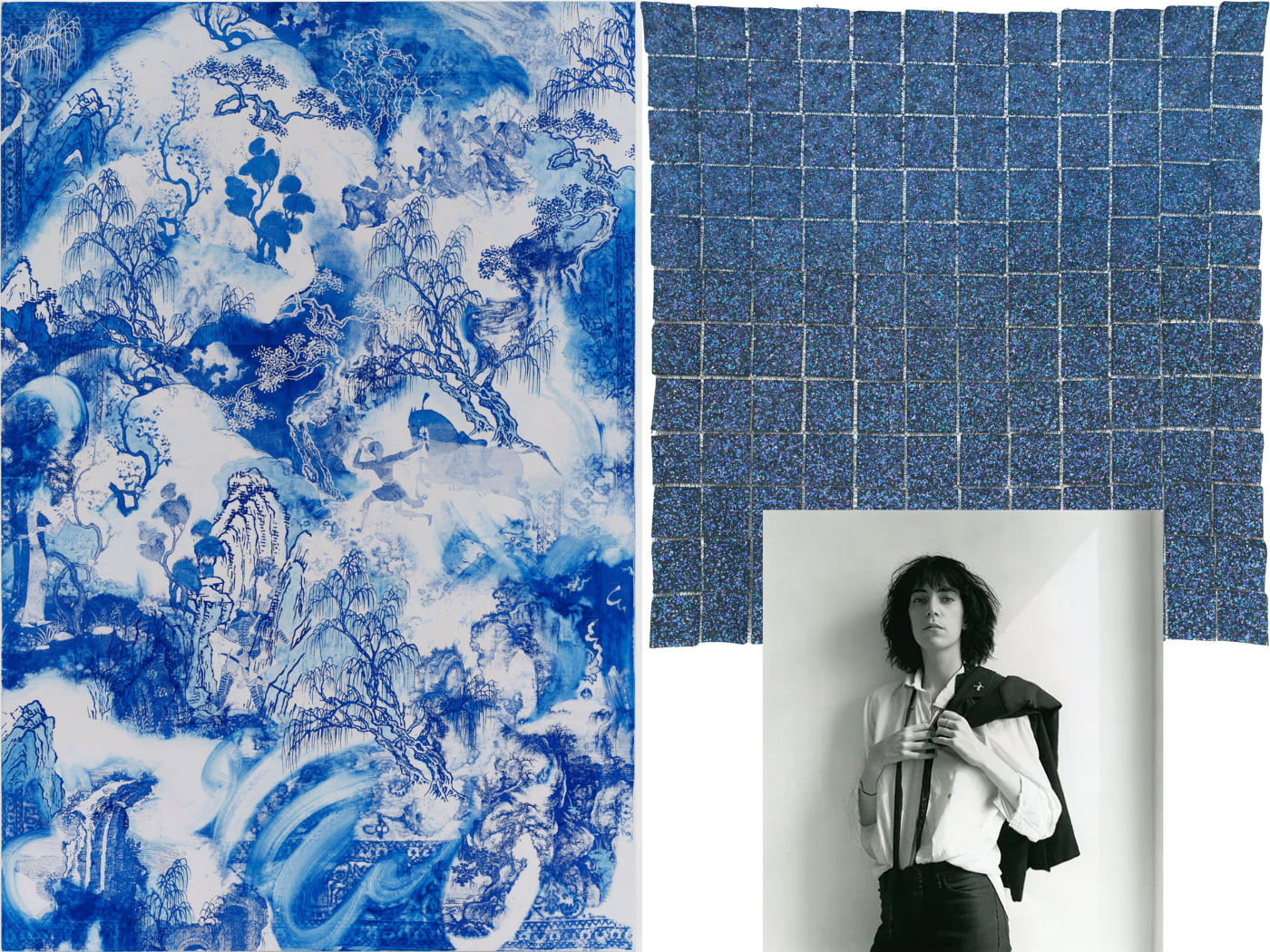 Collage of three artworks: a Kour Pour painting, an abstract dot-filled work by Howardena Pindell, and Robert Mapplethorpe’s photograph of Patti Smith (1975).