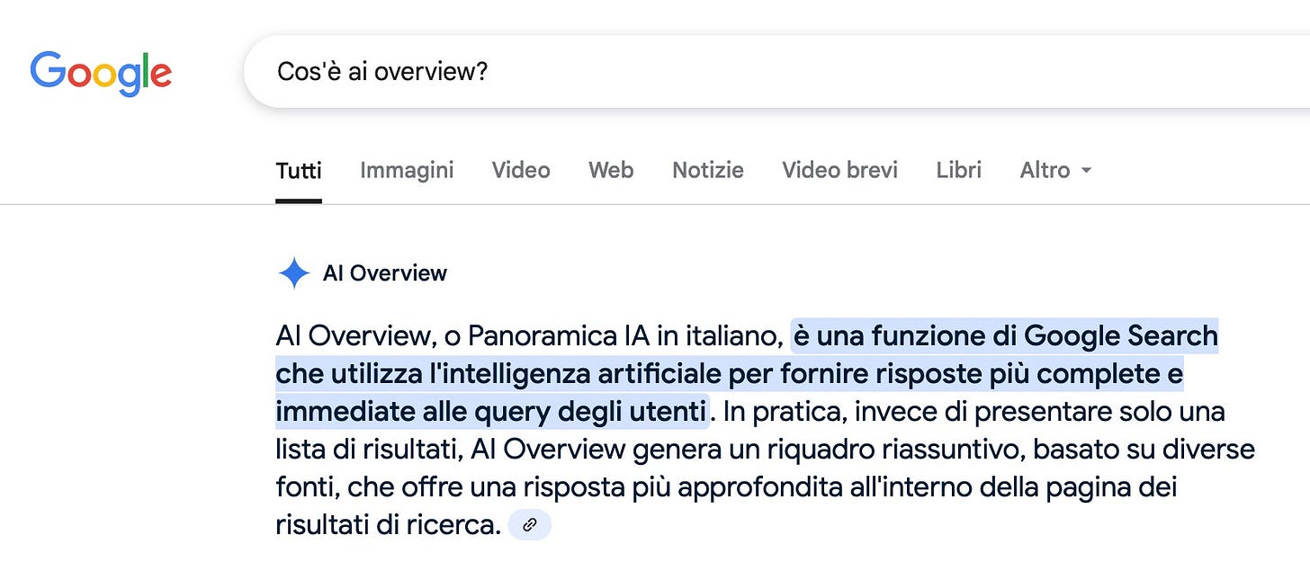 AI Overview: la funzione di Google Search che utilizza l'intelligenza artificiale per fornire risposte direttamente in pagina.