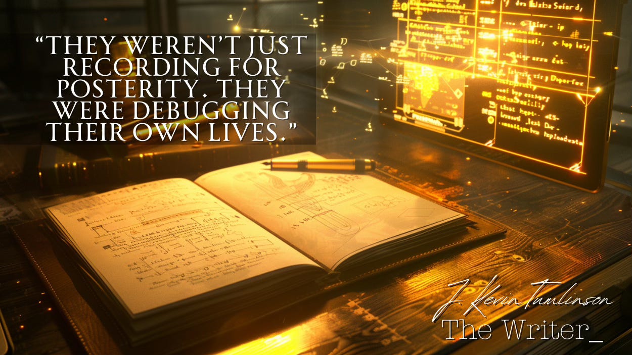 A journal in warmly lit old world workshop, and a virtual "display" glowing above it. The words “They weren’t just recording for posterity. They were debugging their own lives.”