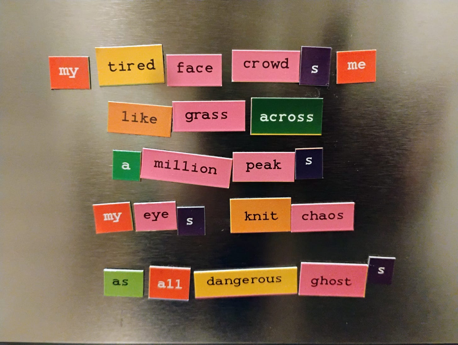 colorful magnet words on a fridge that say: "My tired face crowds me / like grass across / a million peaks / my eyes knit chaos / as all dangerous ghosts"