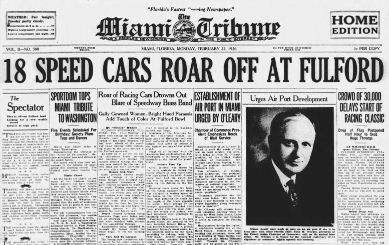 Front page of the Miami Tribune on February 22, 1926. Courtesy of Newspapers.com.