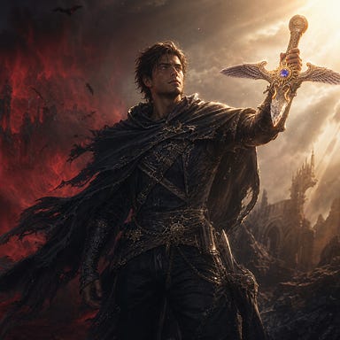 Heroic Greegan holding the Sun Sword hilt after leaving the Vampyr’s realm: a lean rogue with storm‑gray eyes and tousled brown hair, standing tall as crimson mist fades behind him. He lifts the platinum winged hilt, its sapphire heart glowing with gold light. His torn cloak billows as dawn‑like radiance breaks around him, shadows retreating. Fully original design.