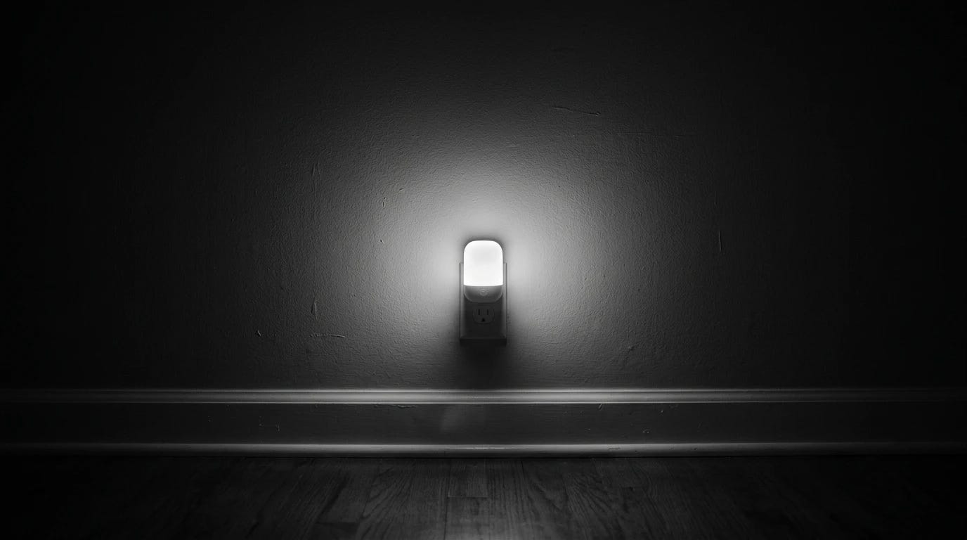A small night light glowing on a dark wall above a baseboard, the only light in the room.