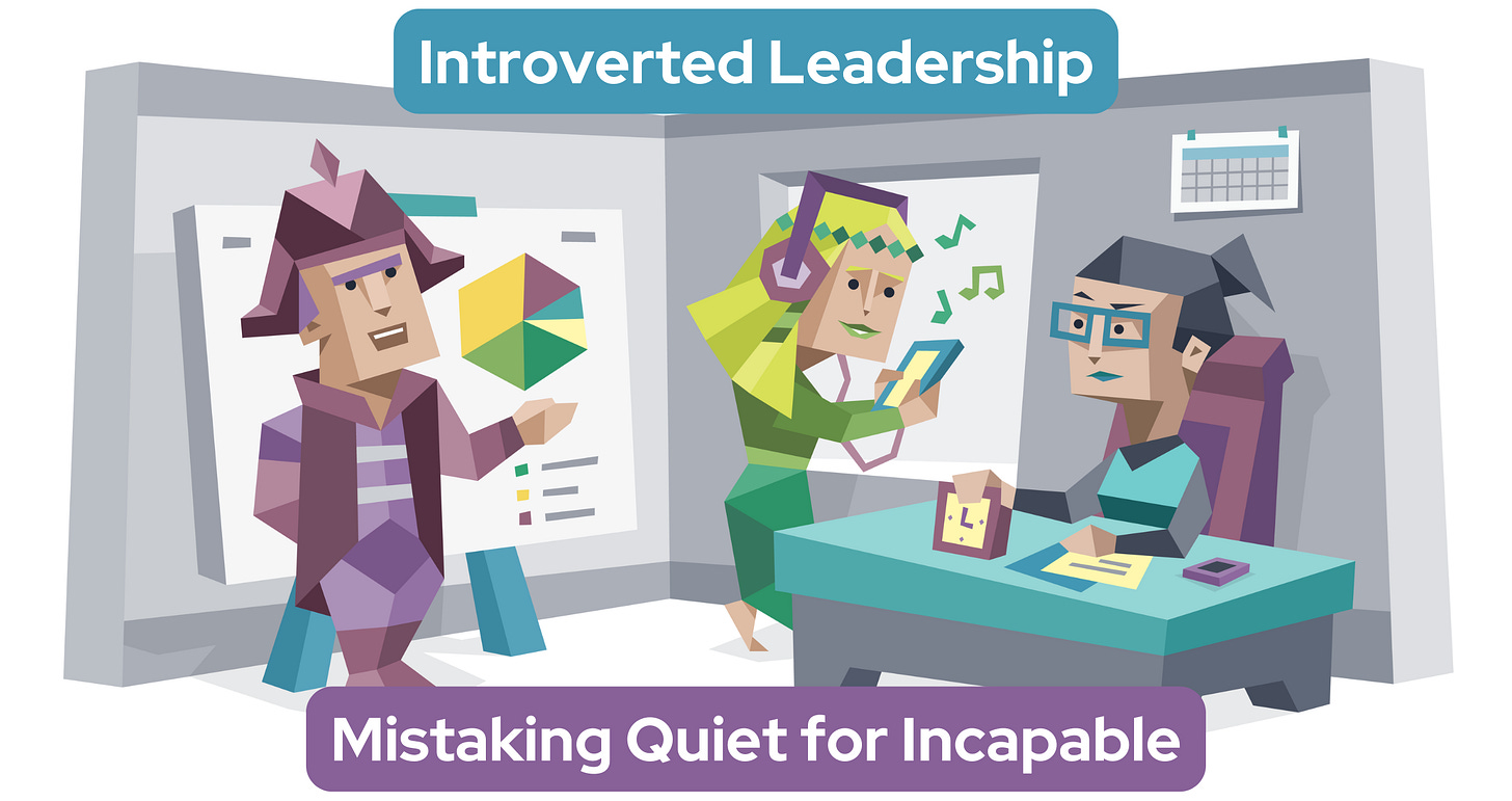 Three colleagues are in an office talking. A woman sits at a desk looking frustrated with the time. A man stands presenting a pie chart while a second woman listens to music. Text reads: Introverted Leadership: Mistaking Quiet for Incapable Three colleagues are in an office talking. A woman sits at a desk looking frustrated with the time. A man stands presenting a pie chart while a second woman listens to music. Text reads: Introverted Leadership: Mistaking Quiet for Incapable