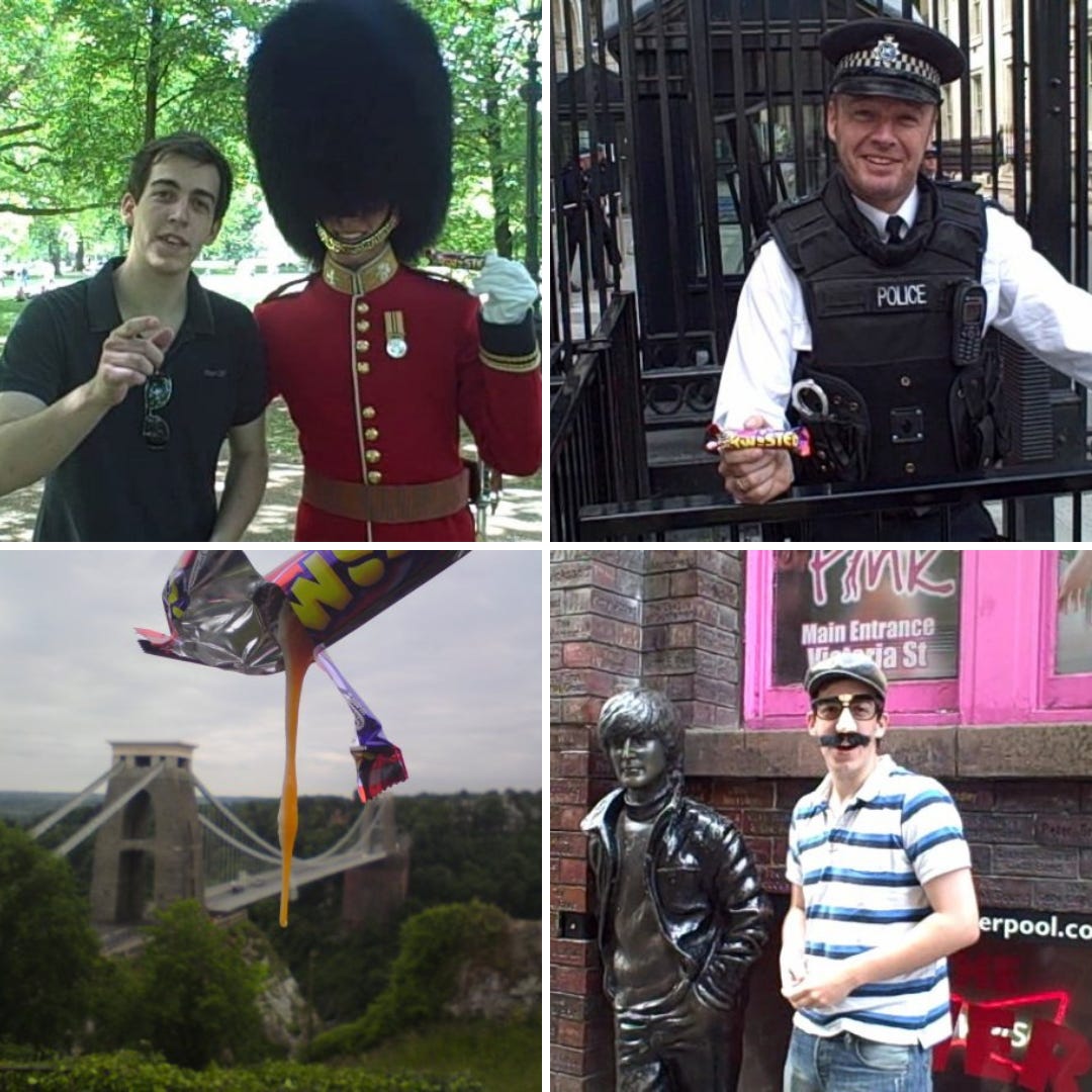 A collage of 4 pictures. 1 - Dean with a Queen's guard. 2 - A policeman at Downing Street holding a chocolate bar. 3 - The Clifton Suspension Bridge with goo dripping from a chocolate bar above. 4 - Dean with a statue of John Lennon outside the Cavern Bar in Liverpool.