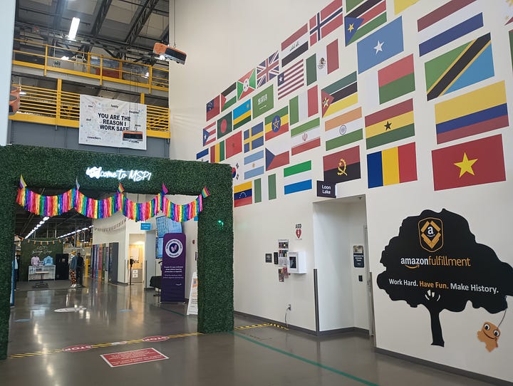 one photo is outside of the building, second is inside and flags of countries