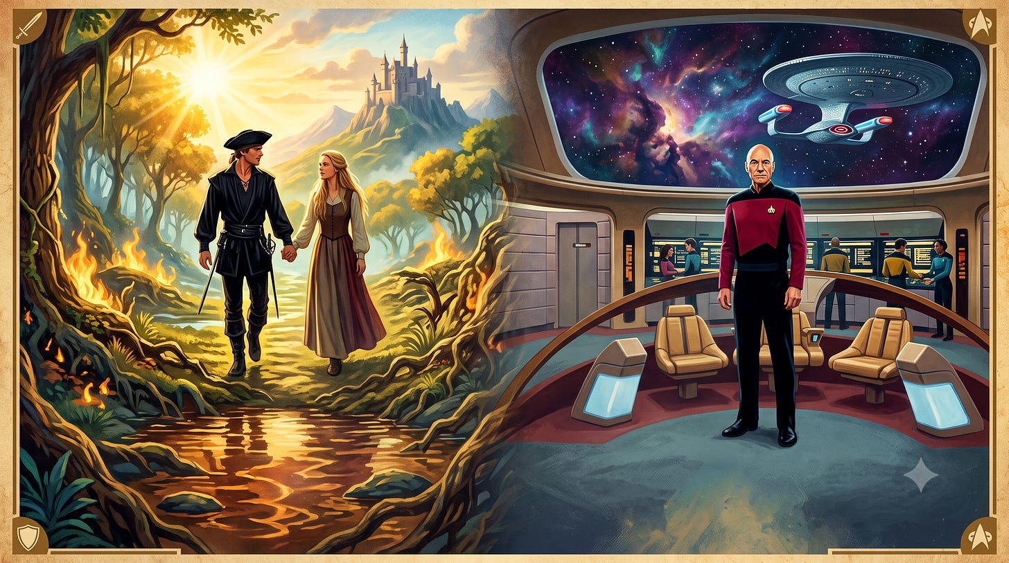A split-panel illustration depicting a fantasy and a sci-fi scene. On the left, a man and woman hold hands while walking through a burning forest towards a distant castle under a bright sun. On the right, Captain Picard stands on the bridge of a starship with a large viewscreen showing a nebula and a smaller starship. The panels are framed in gold with a sword emblem and Starfleet insignias in the corners.