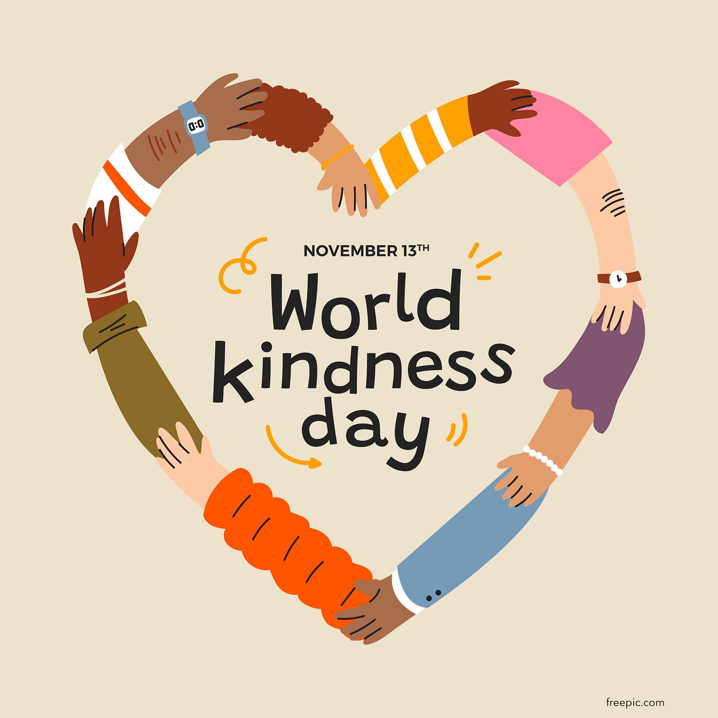 A graphic of a heart formed by interlocking forearms and hands with these words in the center: November 13 World Kindness Day