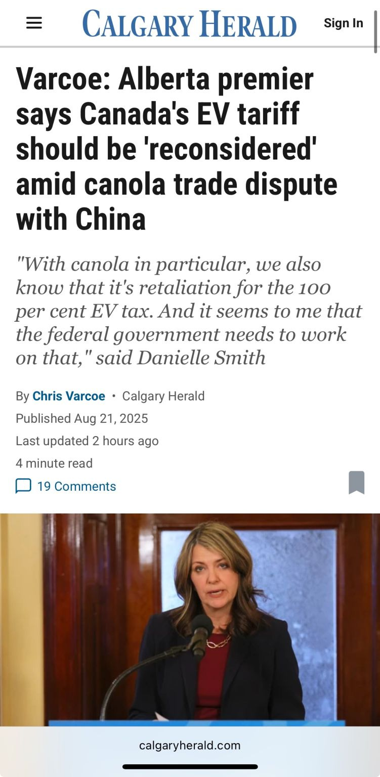 Cover of the Calgary Herald
Varcoe: Alberta Premier says Canada’s EV tariff should be reconsidered amid canola trade dispute with China.