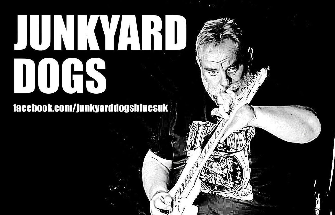 May be an image of text that says "JUNKYARD DOGS facebook.com/junkyardogsbluesuk LIVE MUSIC FROM 9:30M 'TIL LATE LATE* THE QUEENVI VIC GLOUCESTER ST. STROUD GL5 1QG SAT. 25TH OCT."