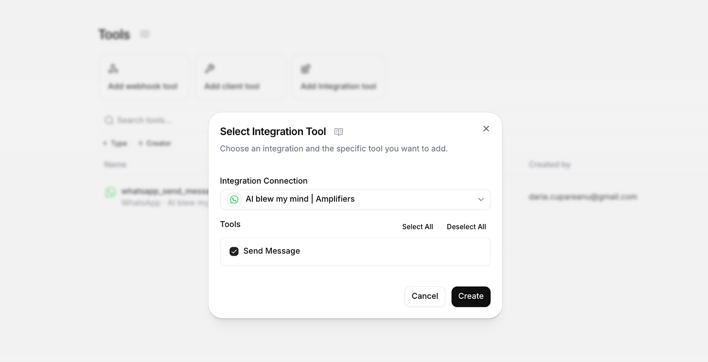ElevenAgents Select Integration Tool dialog with the AI blew my mind Amplifiers WhatsApp connection selected and Send Message tool checked. ElevenAgents Select Integration Tool dialog with the AI blew my mind Amplifiers WhatsApp connection selected and Send Message tool checked.