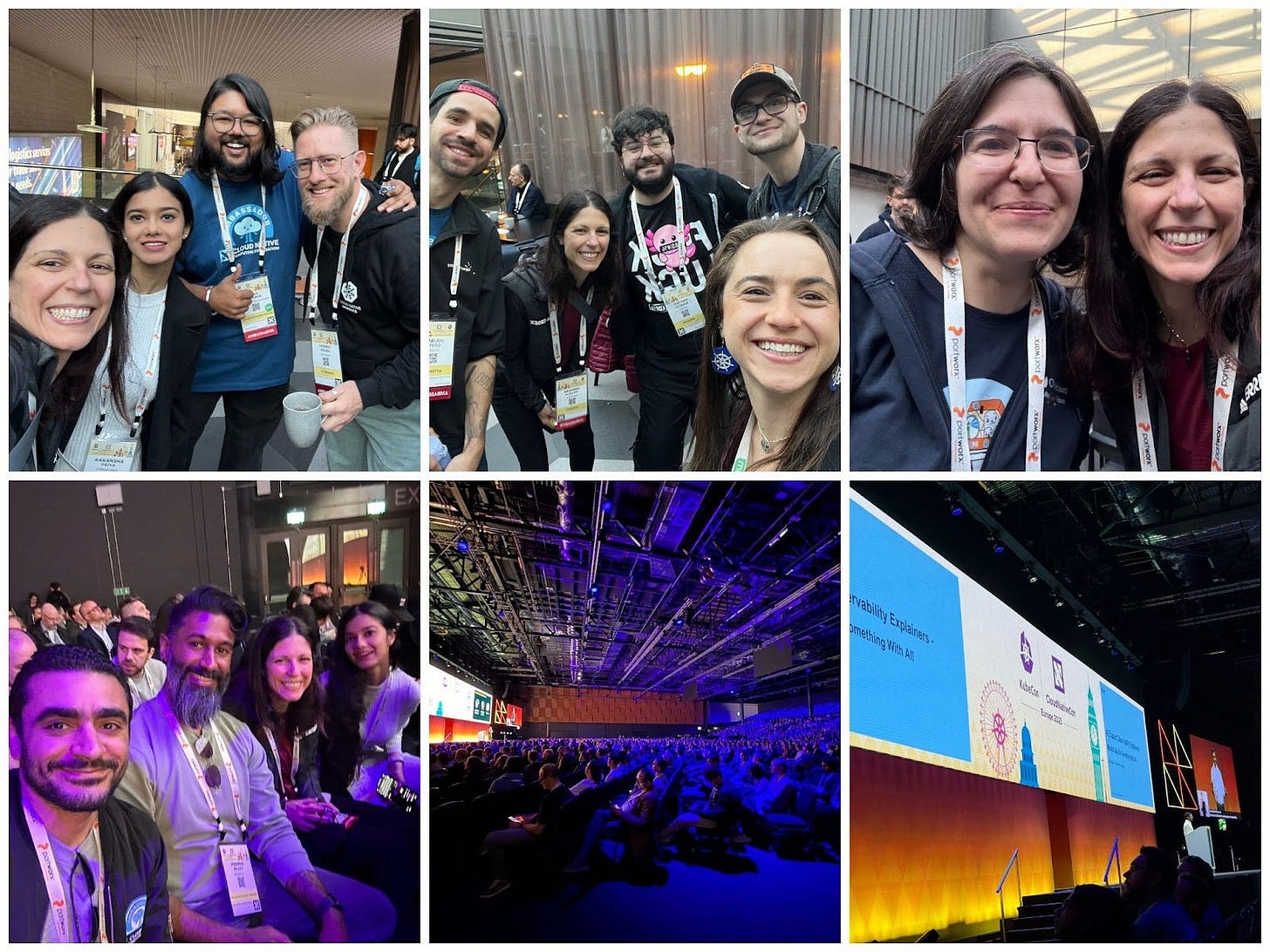 A collage of six images from a tech-focused conference. The top row features three group photos of attendees wearing lanyards and name badges, posing in different settings. The middle row includes a dark auditorium with seated participants and a wide shot of the venue illuminated by blue lights. The bottom row shows a presentation screen displaying slides on Kubernetes and DataRobot, with a speaker addressing the audience.