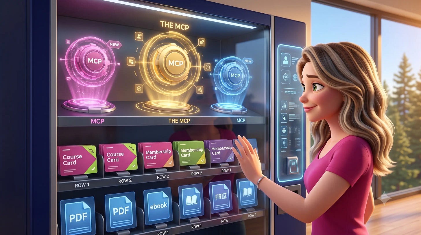 Pixar-style woman discovering glowing MCP products in the top row of a digital vending machine filled with ebooks and PDFs Pixar-style woman discovering glowing MCP products in the top row of a digital vending machine filled with ebooks and PDFs