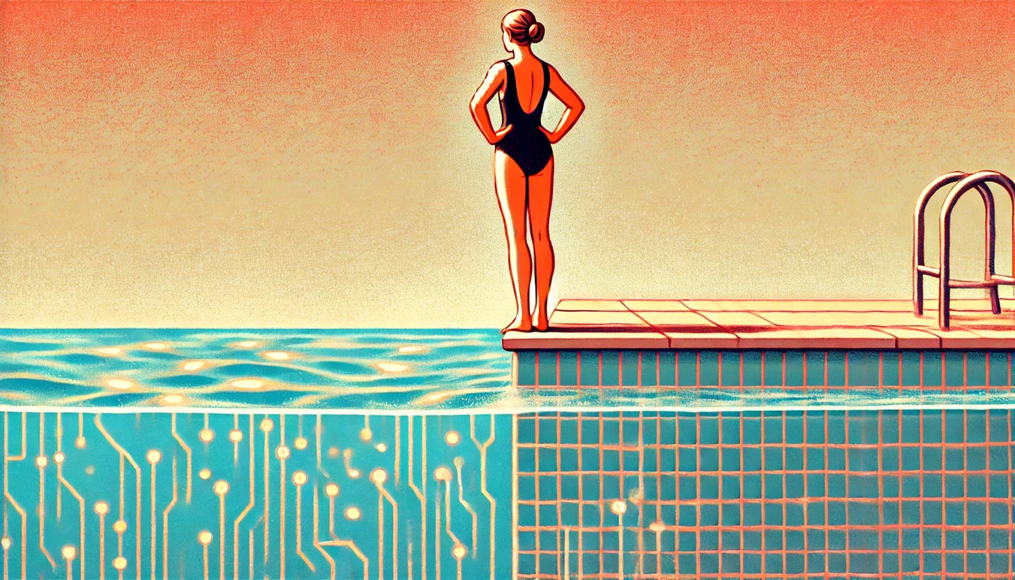 Retro-style illustration of a confident woman with silver hair working at a computer, surrounded by subtle circuit patterns