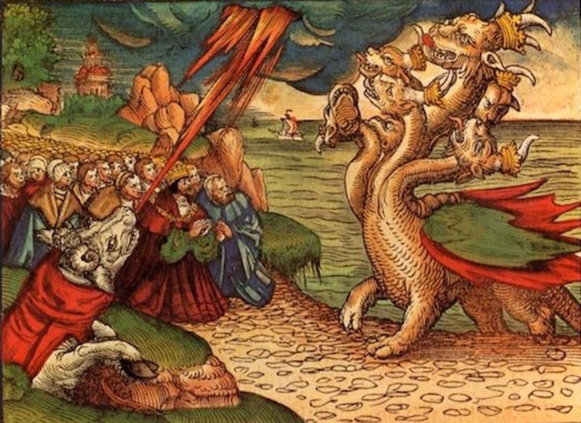 A seven-headed dragon emerges from the sea as a vast crowd of terrified humans, including kings and clerics, looks on. Another monster, a goat-headed serpent, comes out of the ground, either spitting fire or being struck by lightning; medieval art, who can tell? A seven-headed dragon emerges from the sea as a vast crowd of terrified humans, including kings and clerics, looks on. Another monster, a goat-headed serpent, comes out of the ground, either spitting fire or being struck by lightning; medieval art, who can tell?