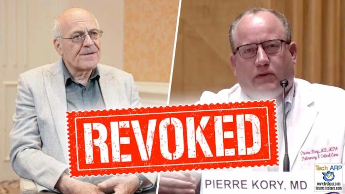 Two old people in white coats glowering at the camera. Across their pictures in large letters is the word ‘REVOKED’. 