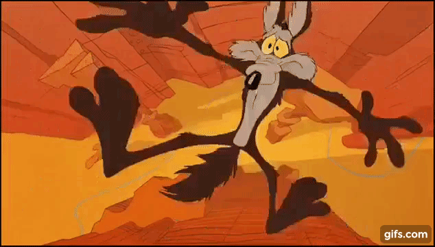 Gif con Wile E. Coyote che precipita nel classico canyon di pietre color arancione, schiantandosi a terra in una nuvoletta di polvere.