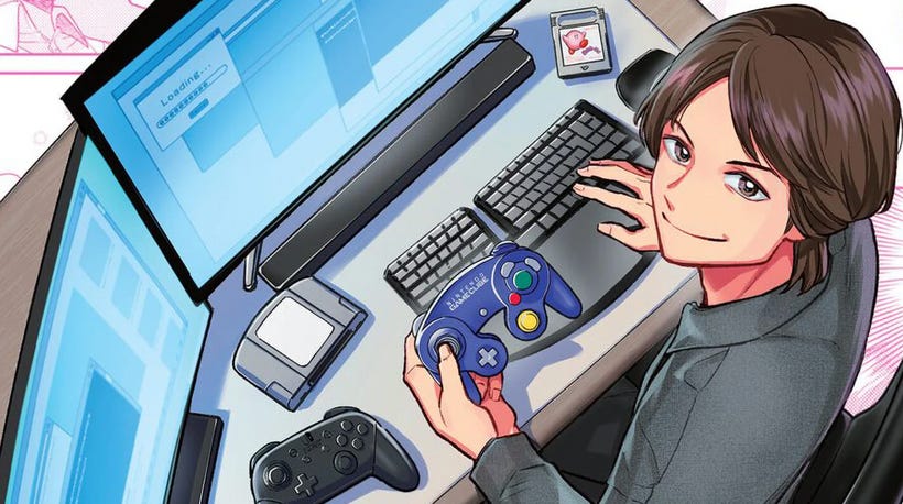 A young Masahiro Sakurai looks up from a computer while holding a GameCube controller A young Masahiro Sakurai looks up from a computer while holding a GameCube controller