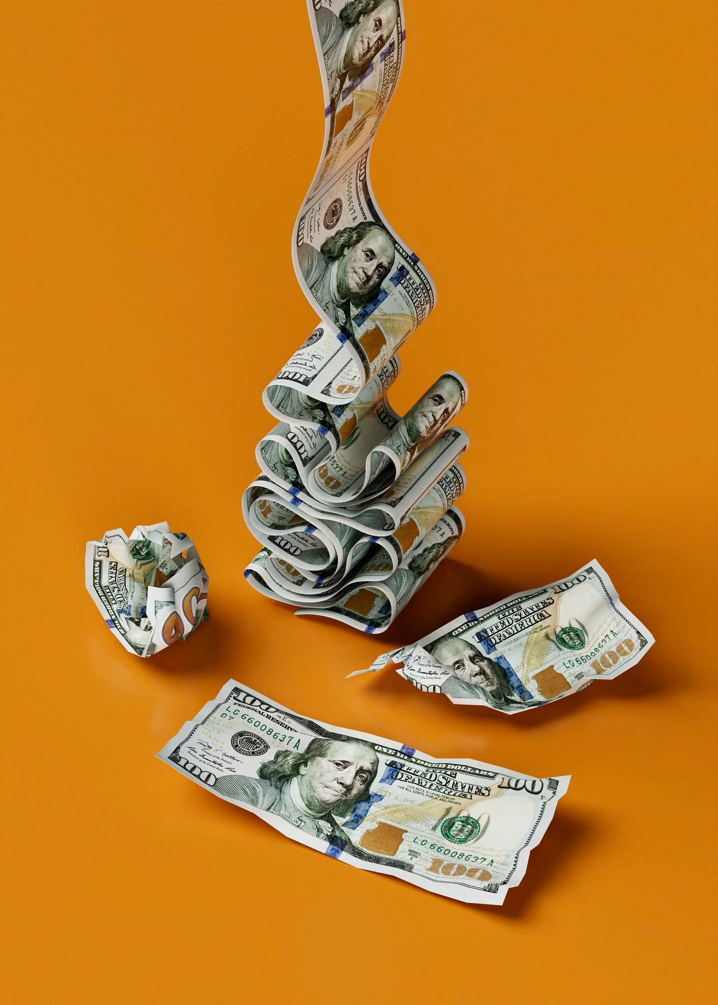 Color photo, orange background, of a rolling pile of 100 dollar bills spooling from above, several bills crumpled at the bottom of the heap.