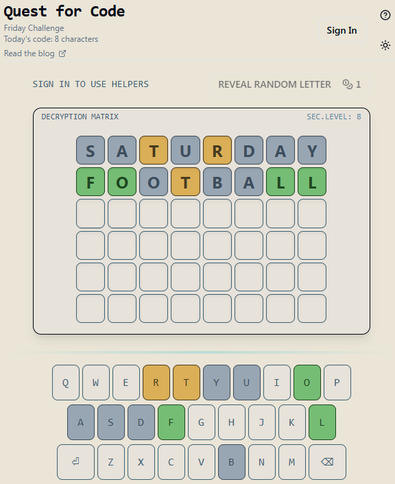 Quest for Code - daily variable length word puzzle