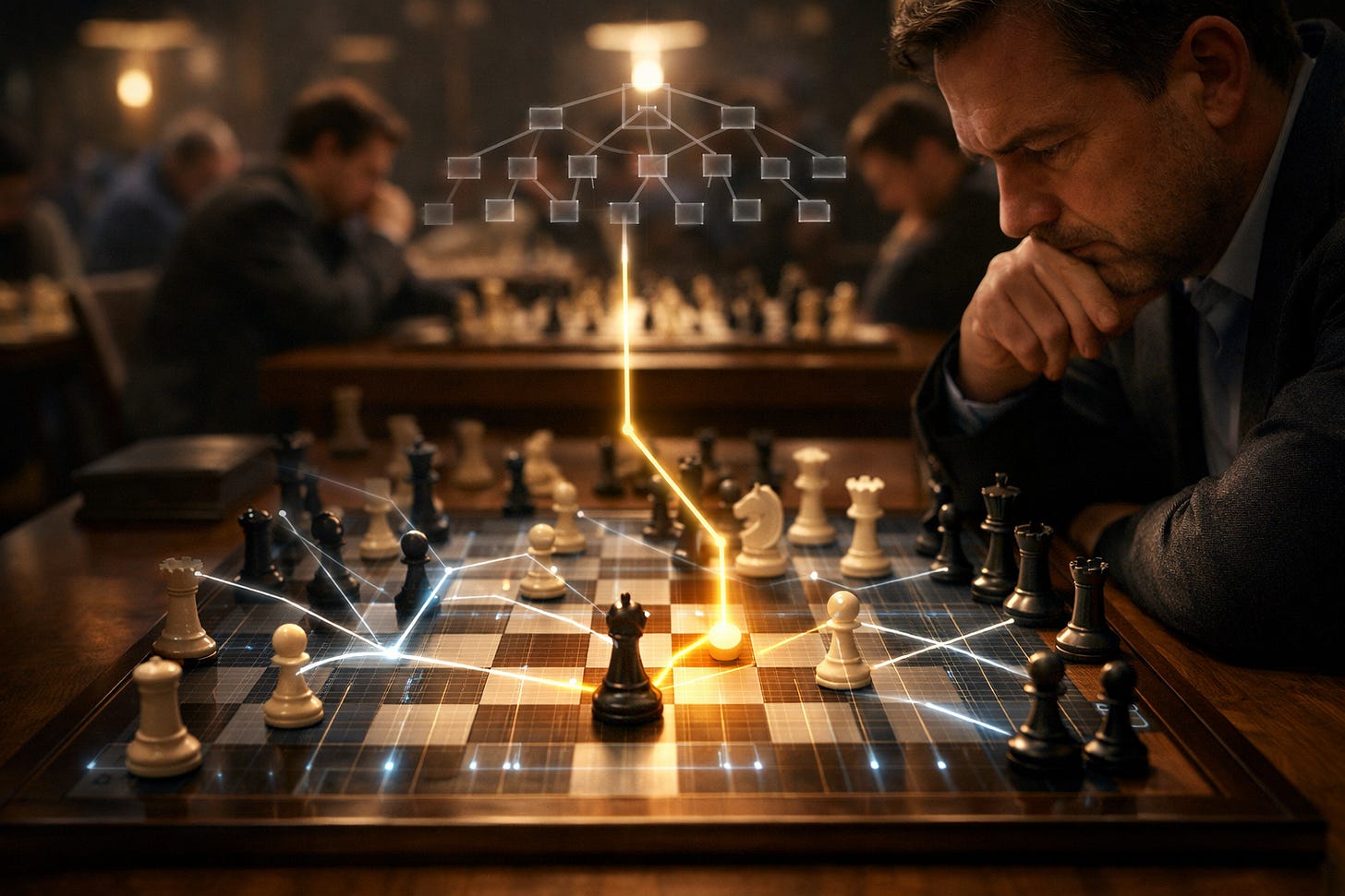 Man thinking over a chess board with a digital strategy tree and glowing tactical lines..
