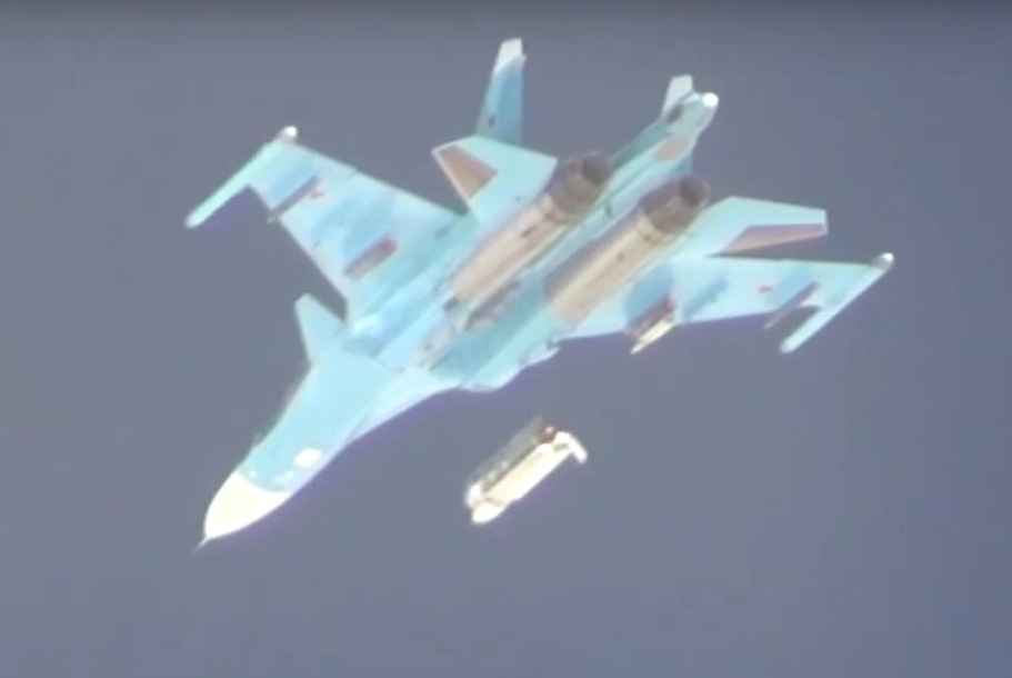A Su-34 releases a single UMPK-equipped FAB-3000 from its centerline station A Su-34 releases a single UMPK-equipped FAB-3000 from its centerline station
