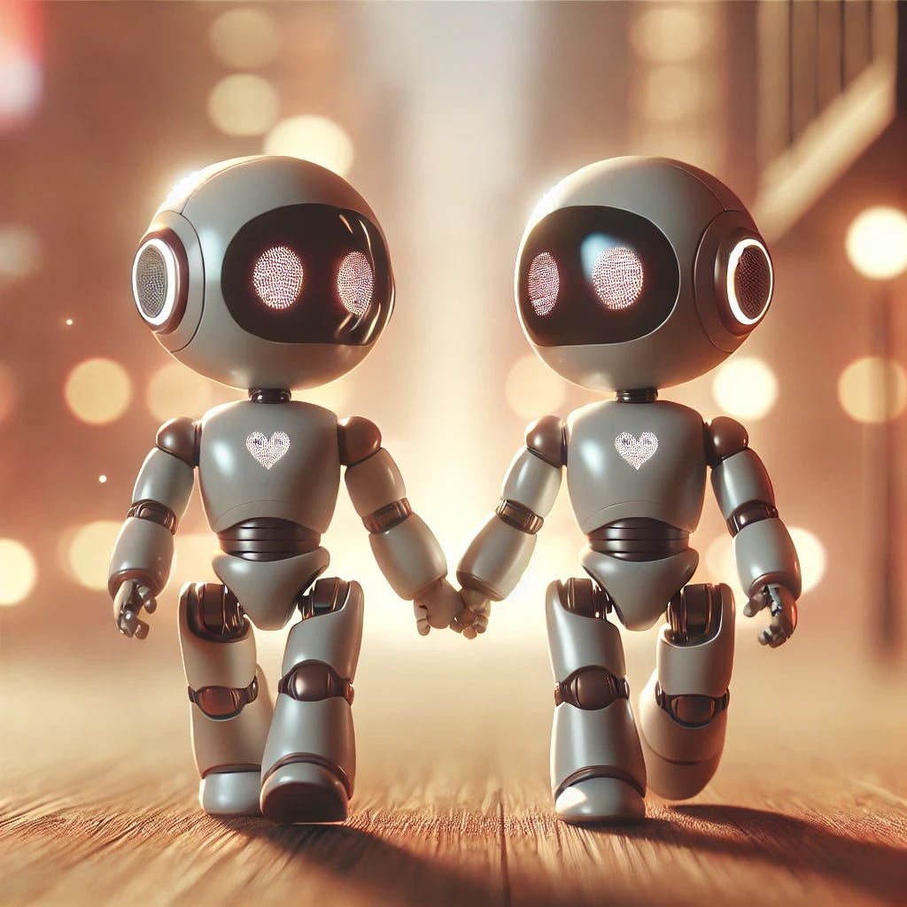 Two adorable robots walking away from the camera, holding hands. The robots have a sleek but cute design with rounded edges, expressive LED faces, and a warm metallic finish. The setting is a futuristic cityscape with soft lighting, creating a heartwarming and whimsical atmosphere. The robots' hands are gently clasped together, symbolizing friendship and companionship.
