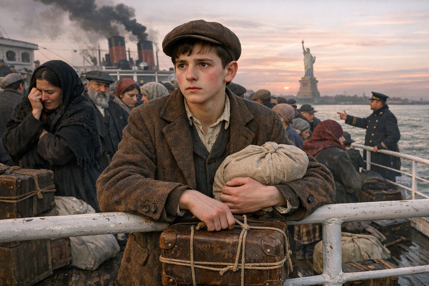 Image Prompt: Hyperrealistic color photograph in 16x9 landscape format, wide angle observer perspective on crowded thirdclass deck at dawn, 16yearold Polish boy in center foreground at whitepainted ship railing, wearing threadbare brown wool jacket with worn elbows and missing buttons over offwhite shirt, dark charcoal wool trousers, brown cloth cap on short dark hair, pale gaunt face with reddened cheeks from cold wind, brown eyes looking anxiously toward distance, clutching beige cloth bundle and small worn brown leather valise tied with rope, densely packed immigrant crowd surrounding him Italian woman in black dress and shawl weeping, Jewish man in dark coat with beard, women in faded headscarves in burgundy and navy, men in gray and brown caps and rough wool coats, children in patched clothing, trunks and canvas bags scattered on wet deck, ship’s white railing in immediate foreground, graygreen choppy harbor water beyond, Statue of Liberty visible in middle distance against pink and pale orange dawn sky with wispy clouds, black coal smoke billowing from ship’s red and black smokestacks, uniformed officer in navy blue coat with brass buttons and peaked cap gesturing in background, authentic morning light quality, natural color palette of browns, grays, blues, whites, muted reds, sense of cold wind and anxious waiting, photorealistic textures of wet wood, worn fabric, weathered paint.png Image Prompt: Hyperrealistic color photograph in 16x9 landscape format, wide angle observer perspective on crowded thirdclass deck at dawn, 16yearold Polish boy in center foreground at whitepainted ship railing, wearing threadbare brown wool jacket with worn elbows and missing buttons over offwhite shirt, dark charcoal wool trousers, brown cloth cap on short dark hair, pale gaunt face with reddened cheeks from cold wind, brown eyes looking anxiously toward distance, clutching beige cloth bundle and small worn brown leather valise tied with rope, densely packed immigrant crowd surrounding him Italian woman in black dress and shawl weeping, Jewish man in dark coat with beard, women in faded headscarves in burgundy and navy, men in gray and brown caps and rough wool coats, children in patched clothing, trunks and canvas bags scattered on wet deck, ship’s white railing in immediate foreground, graygreen choppy harbor water beyond, Statue of Liberty visible in middle distance against pink and pale orange dawn sky with wispy clouds, black coal smoke billowing from ship’s red and black smokestacks, uniformed officer in navy blue coat with brass buttons and peaked cap gesturing in background, authentic morning light quality, natural color palette of browns, grays, blues, whites, muted reds, sense of cold wind and anxious waiting, photorealistic textures of wet wood, worn fabric, weathered paint.png