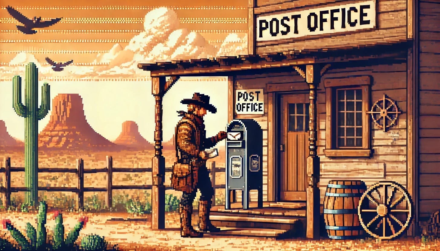 A pixel art scene in the style of a 1980s frontier adventure computer game. A rugged cowboy stands in front of an old-timey wooden post office, inserting a letter into a weathered mail slot. He wears a wide-brimmed hat, boots, and a long coat, with a satchel slung over his shoulder. The post office is a rustic wooden structure with a swinging door and a hitching post. The signs that previously read "Post Office" on the pole and the side of the building have been removed. The window on the building has four panes on the top and four panes on the bottom. The light pole has been removed, and the fence behind it is now fully connected with another fence post. In the background, a dusty desert landscape stretches out, with a few scattered cacti and distant mesas under a warm, golden sunset. The scene evokes the classic Wild West aesthetic with a nostalgic, pixelated art style.