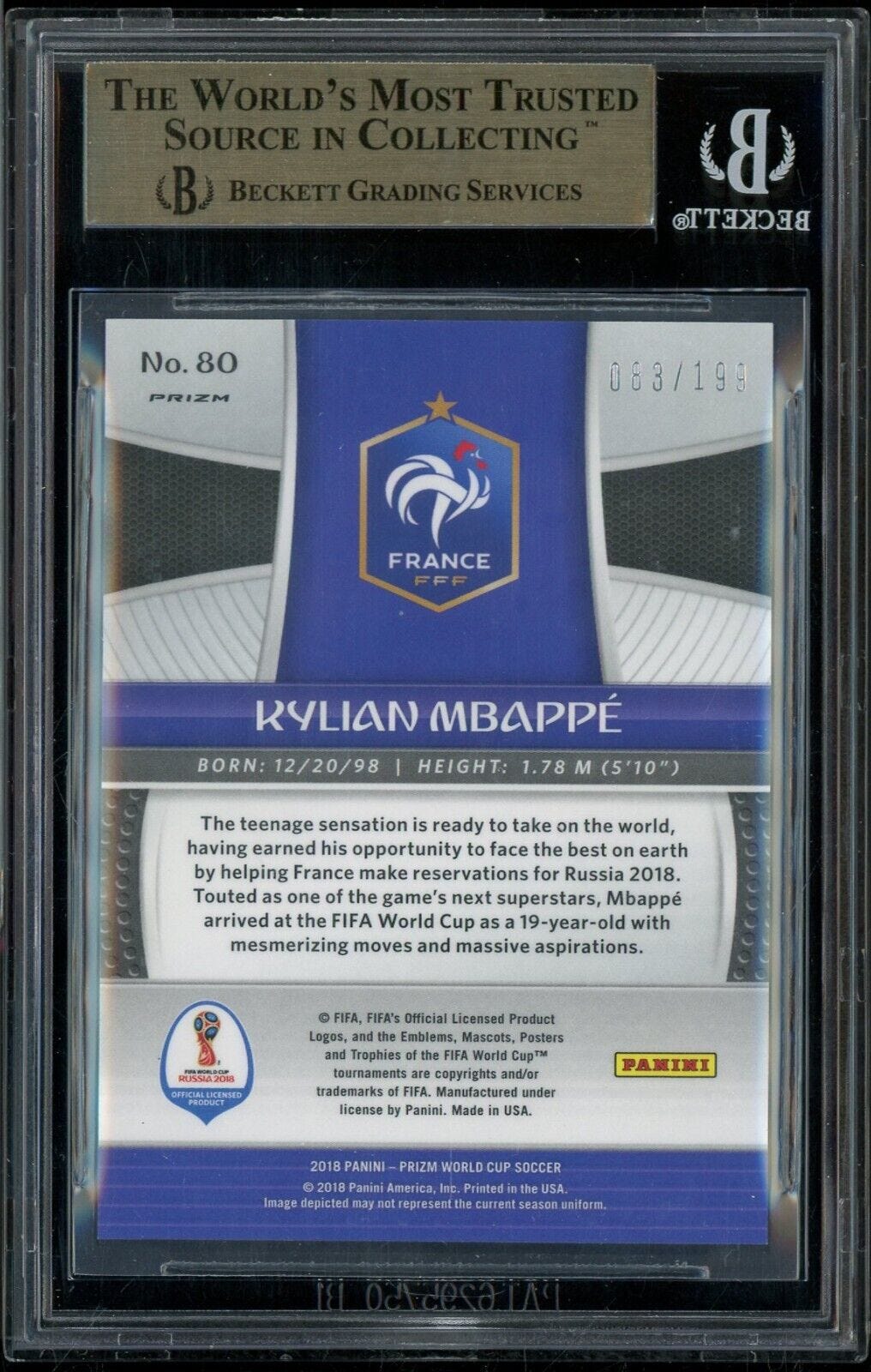 2018 Panini Blue Prizm World Cup Soccer #80 Kylian Mbappe RC Rookie /199 BGS 9.5 - Picture 2 of 2