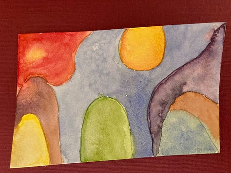 Flower-like abstract forms, drawn in black pen, with many small lines, radiating from the center of each shape, filling in the shape. Poppy-like flowers and four-petalled flowers clustered in various arrangements; abstract watercolor in curving shapes of yellows, reds, green, blue, deep purple and brown.