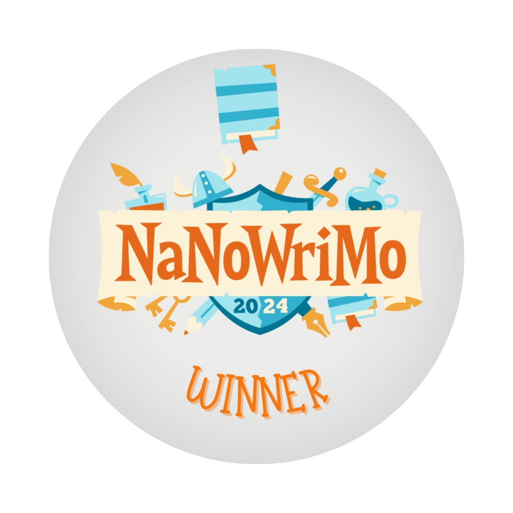Illustration of the 2024 NaNoWriMo logo with the word "winner" written beneath it on a circular badge-style image