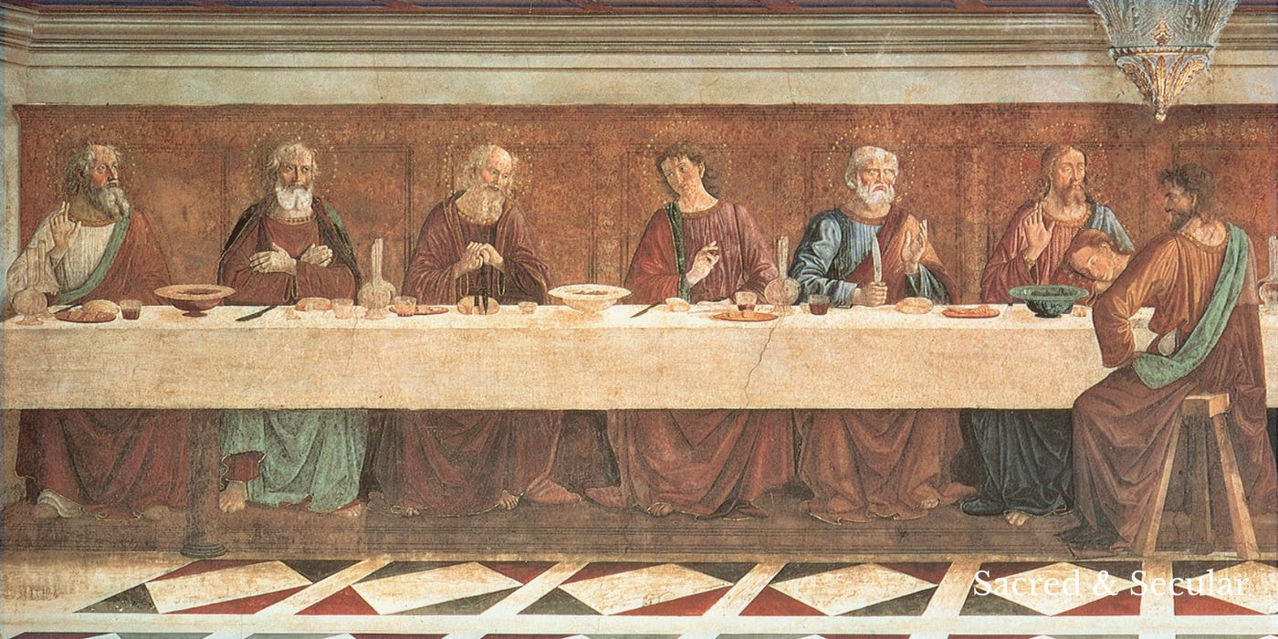Jesus and his disciples sit together around a long table in Domenico Ghirlandaio’s fifteenth-century painting of the Last Supper. Jesus and his disciples sit together around a long table in Domenico Ghirlandaio’s fifteenth-century painting of the Last Supper.