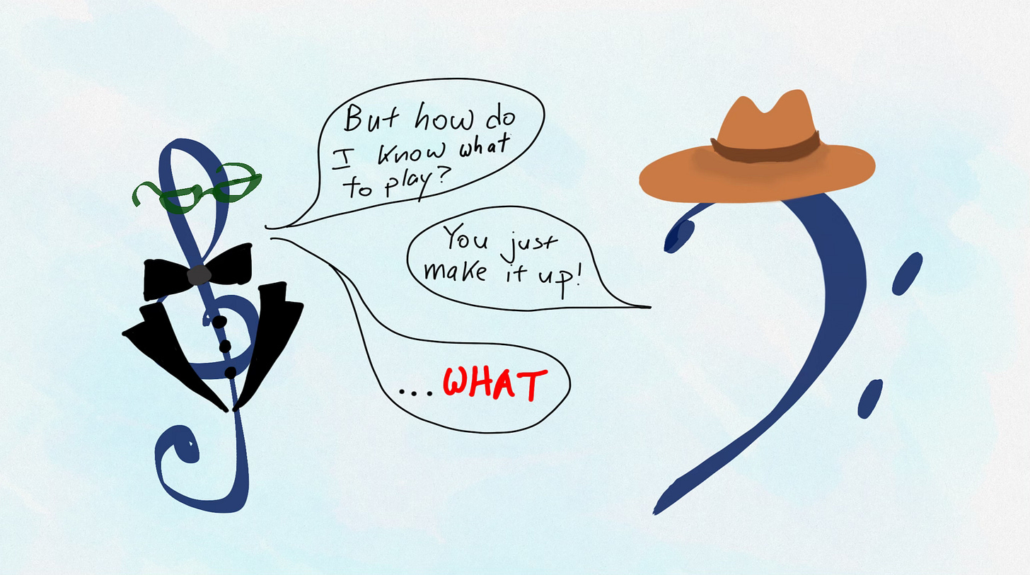 Cartoon classical treble clef asks bluegrass bass clef how it's supposed to know what to play. Bass clef says to just make it up! Treble clef lets out a disbelieving WHAT.