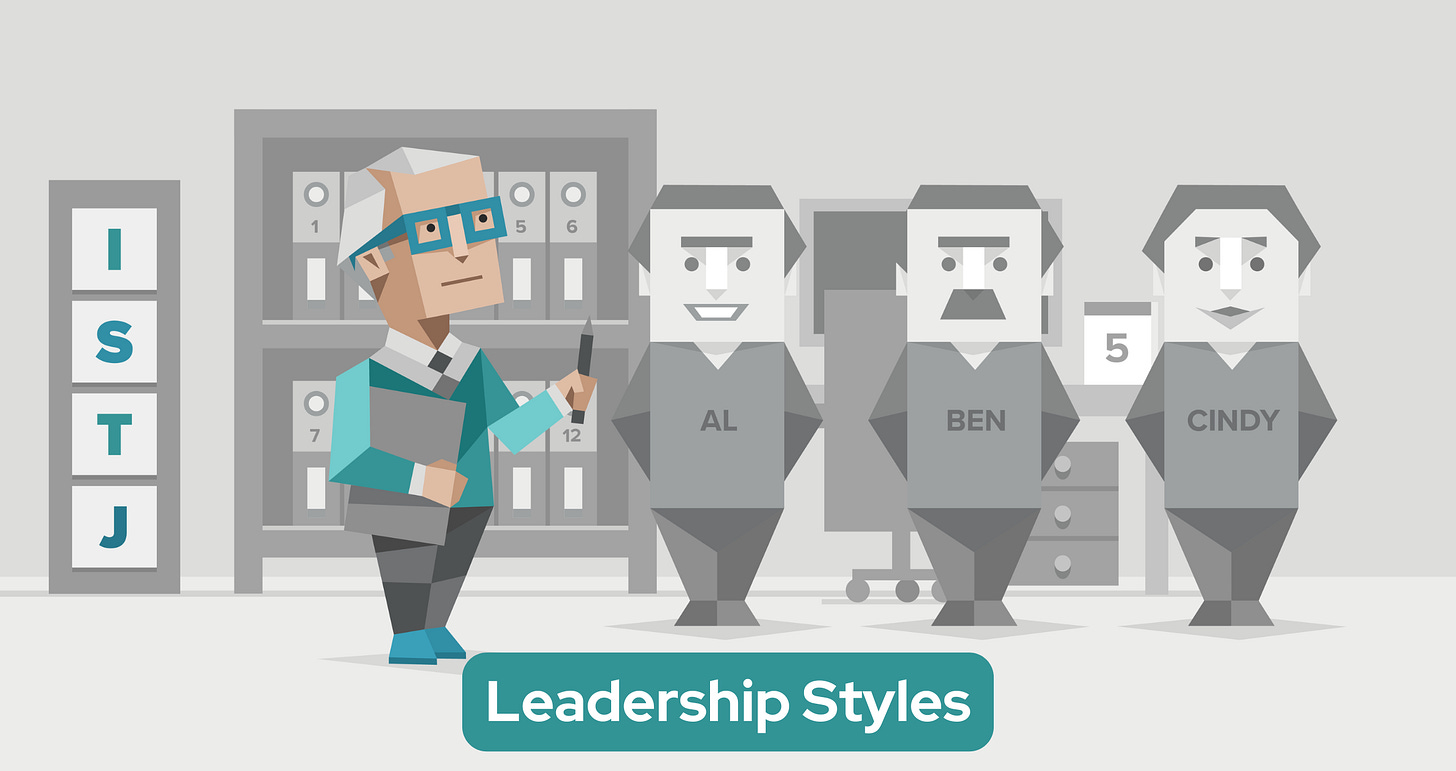 A male ISTJ administrator stands in an orderly office. He wears blue glasses and a blue shirt and holds a folder. Three colleagues, labeled “AL”, “BEN”, and “CINDY”, stand to the right, listening to the man. There are labeled file boxes and a tidy bookshelf in the background. To the left, the letters “ISTJ” are prominently displayed in blue.