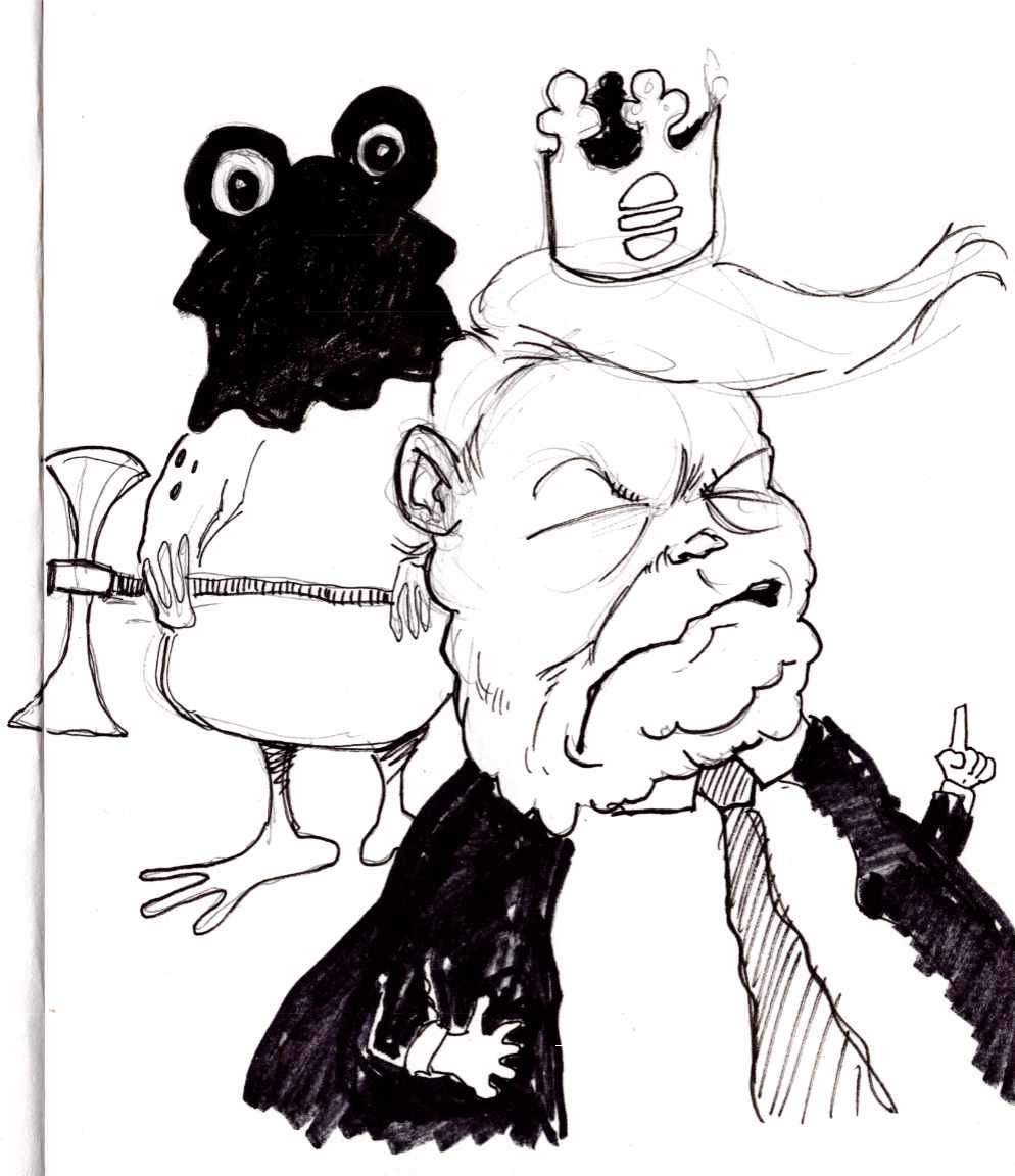 Ink sketch of a cartoon frog executioner standing behind trump who is wearing a burger king crown.