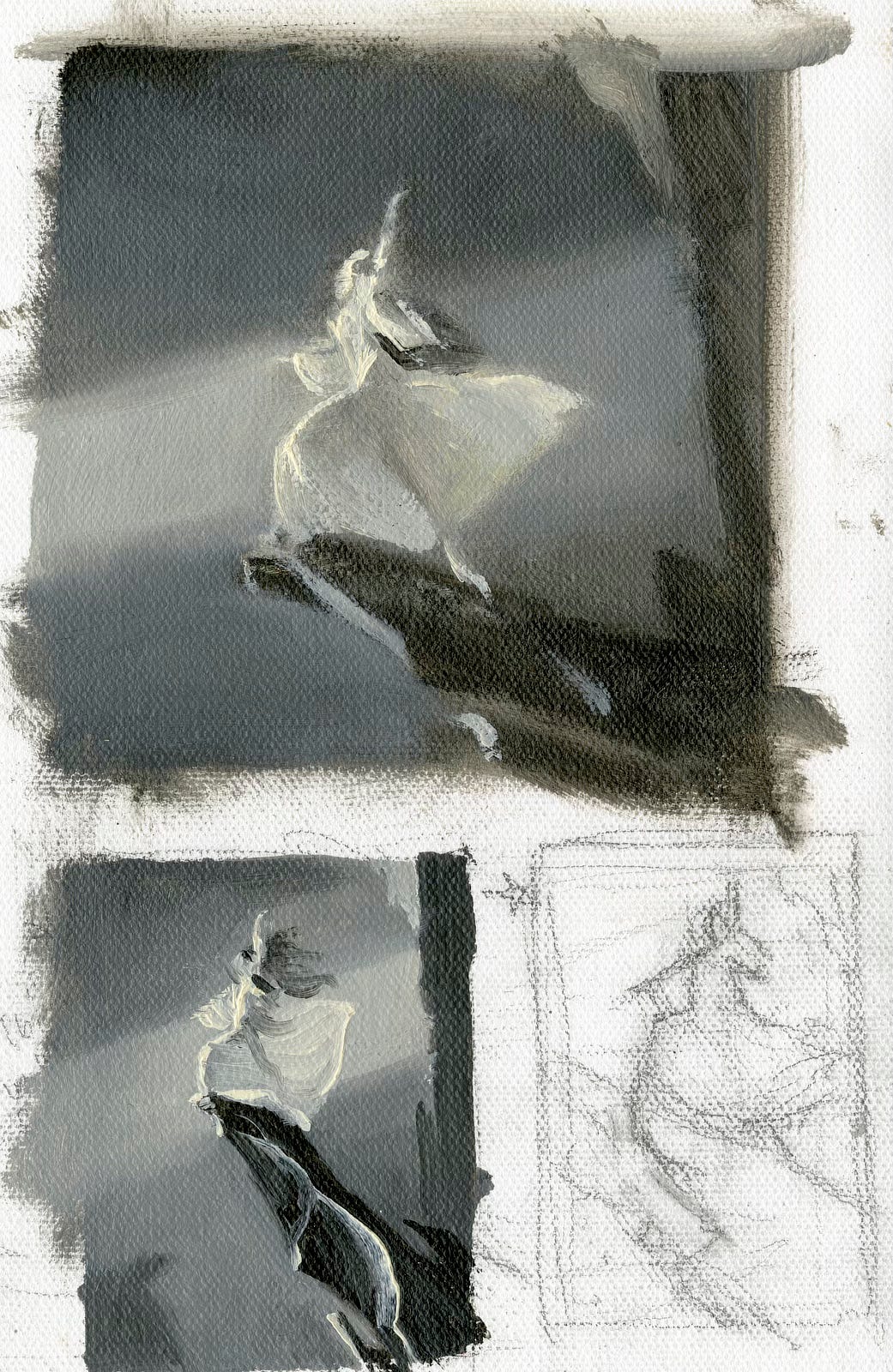 A trio of loosely rendered sketches on canvas featuring various poses of a woman poised at the end of upturn rocky outcrop. The largest is set atop the other two and like the lower left is loosely painted. The lower right is a loose pencil sketch showing the texture of the canvas.