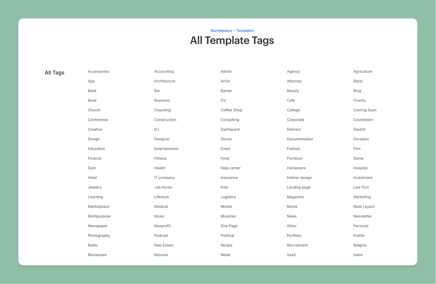 All tags in the Webflow Template Marketplace