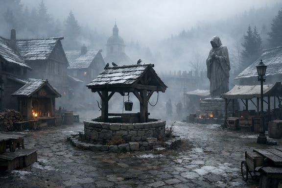 Krezk town square in midmorning fog