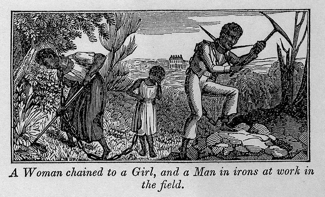 An illustration of an enslaved woman chained to an enslaved girl, and an enslaved man in irons, all at work in the field.
