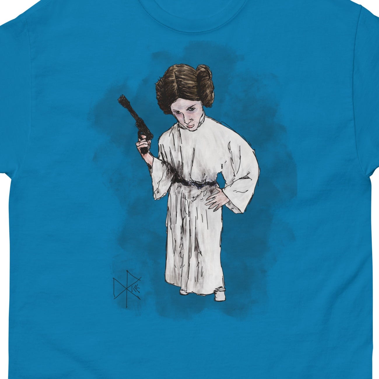 An overhead perspective of Carrie Fisher as Leia Organa, holding a laser pistol and dressed in her classic white gown from Star Wars (1977), later retitled as Star Wars: Episode IV - A New Hope. Sketch art by Don Rice.