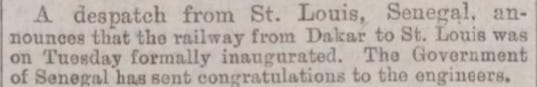 newspaper clipping announcing the Dakar - Saint Louis rail line newspaper clipping announcing the Dakar - Saint Louis rail line