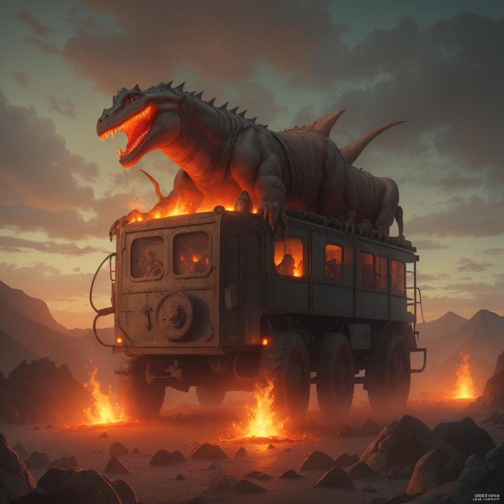 A prison wagon being pulled by dinosaurs through a lava wasteland