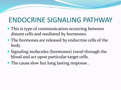 ENDOCRINE SIGNALING PATHWAY
 This is type of communication occurring between
distant cells and mediated by hormones.
 The hormones are released by endocrine cells of the
body.
 Signaling molecules (hormones) travel through the
blood and act upon particular target cells.
 The cause slow but long lasting response .