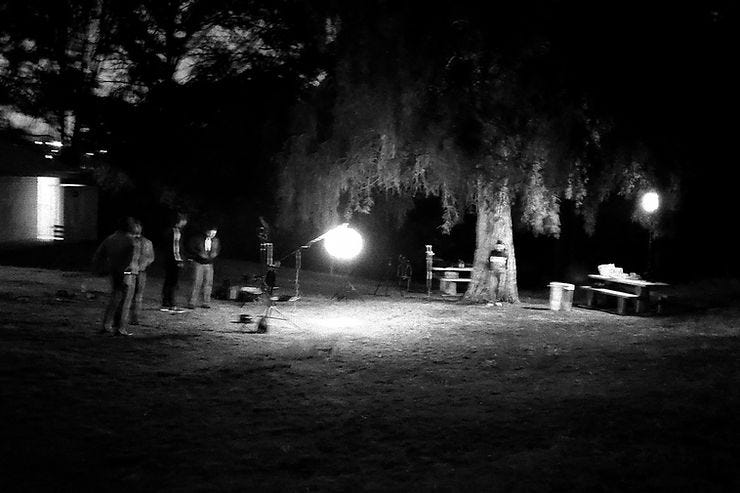 A terribly, blurry picture of the Shadow's Edge cast and crew setting up on day 1 of filming.